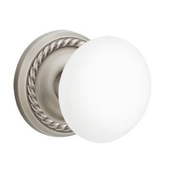 Passage Ice White Porcelain Knob With Rope Rosette  in Pewter
