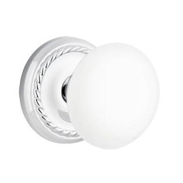 Passage Ice White Porcelain Knob With Rope Rosette  in Polished Chrome