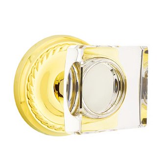 Modern Square Glass Passage Door Knob and Rope Rose with Concealed Screws in Polished Brass