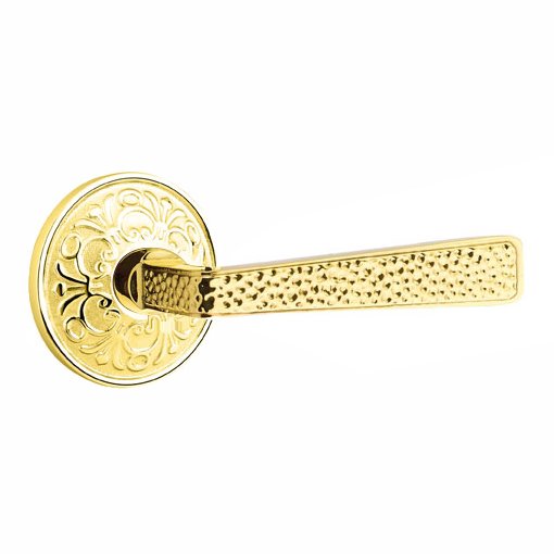 Right Handed Passage Hammered Door Lever with Lancaster Rose in Unlacquered Brass