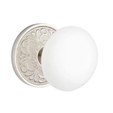 Passage Ice White Porcelain Knob With Lancaster Rosette  in Satin Nickel