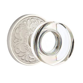 Modern Disc Glass Passage Door Knob and Lancaster Rose with Concealed Screws in Satin Nickel
