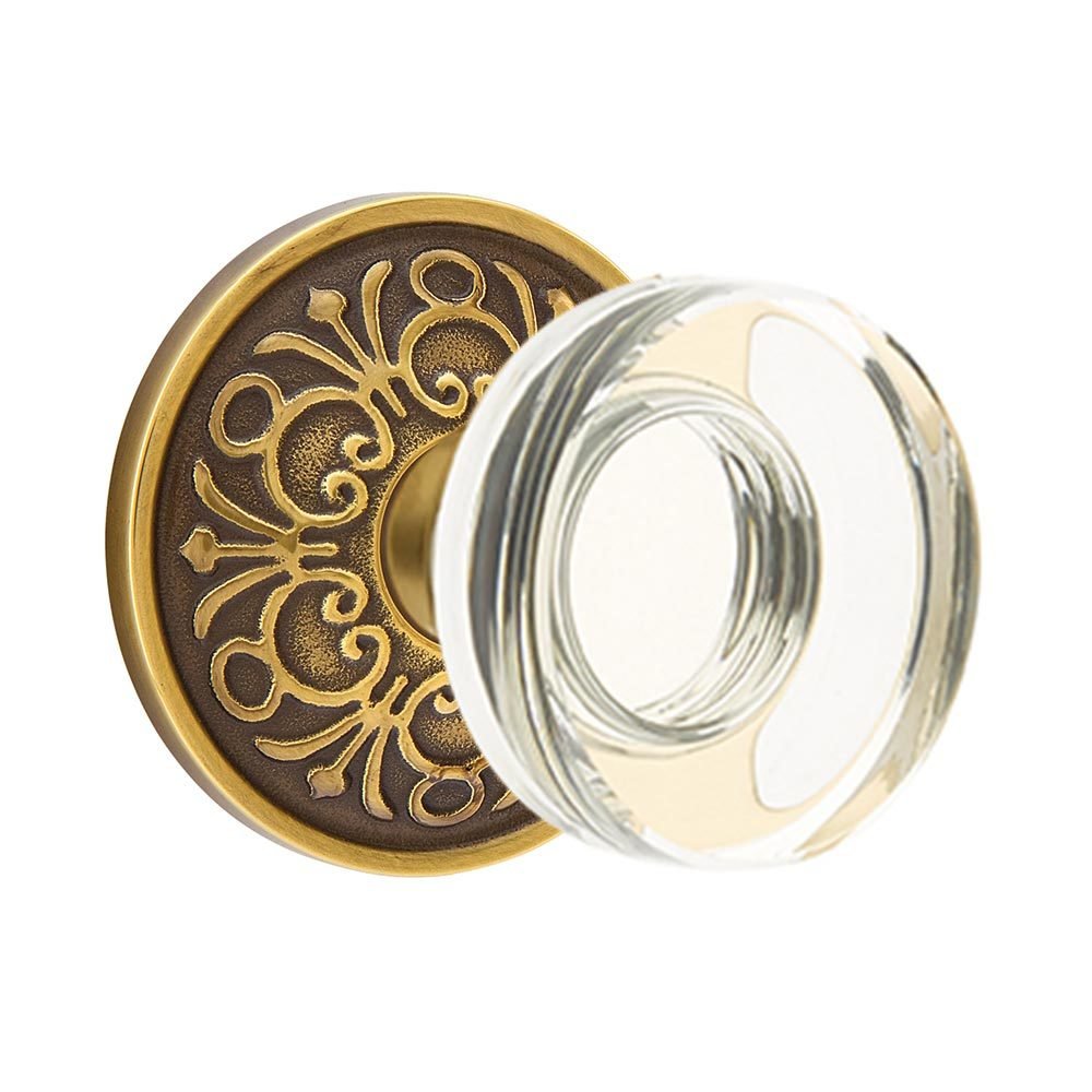 Modern Disc Glass Passage Door Knob and Lancaster Rose with Concealed Screws in French Antique Brass