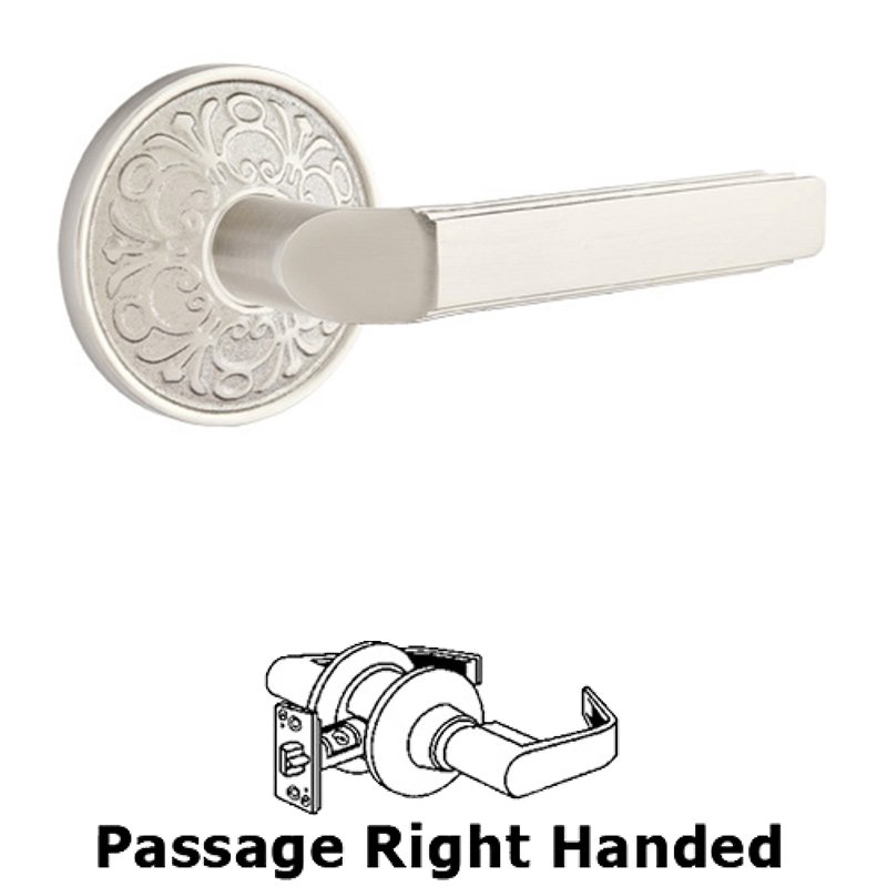 Passage Right Handed Milano Door Lever With Lancaster Rose in Satin Nickel