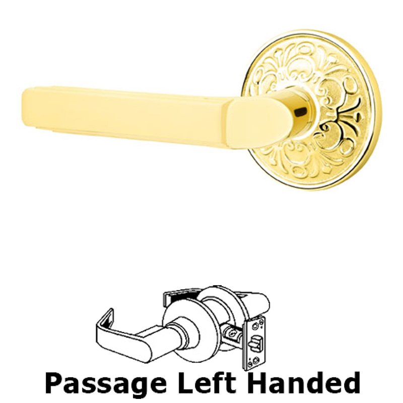 Passage Left Handed Milano Door Lever With Lancaster Rose in Unlacquered Brass