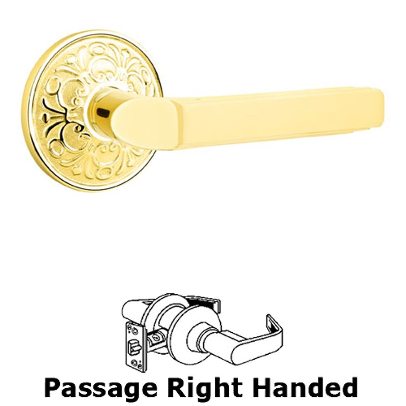 Passage Right Handed Milano Door Lever With Lancaster Rose in Unlacquered Brass