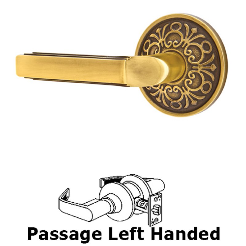 Passage Left Handed Milano Door Lever With Lancaster Rose in French Antique Brass