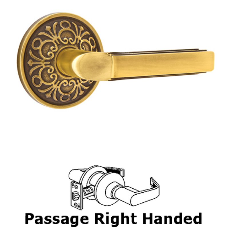 Passage Right Handed Milano Door Lever With Lancaster Rose in French Antique Brass