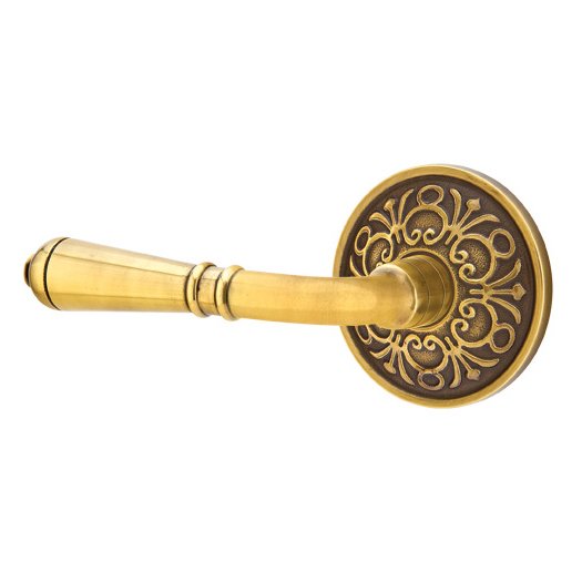 Passage Left Handed Turino Door Lever With Lancaster Rose in French Antique Brass