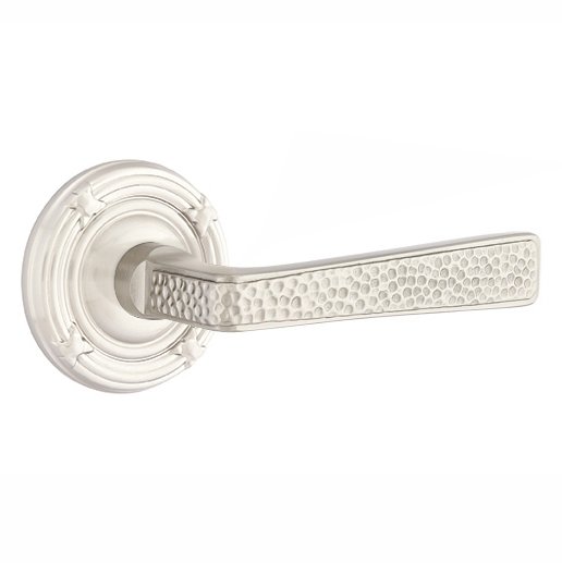 Passage Hammered Door Lever with Ribbon & Reed Rose with Concealed Screws in Satin Nickel
