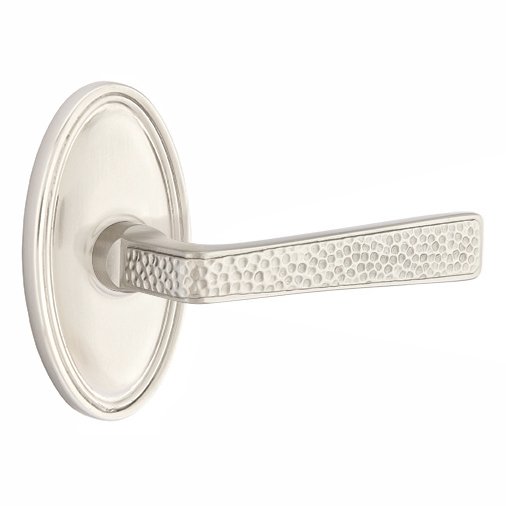 Right Handed Passage Hammered Door Lever with Oval Rose in Satin Nickel