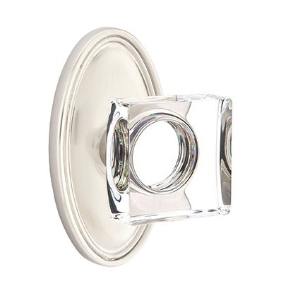 Modern Square Glass Passage Door Knob and Oval Rose with Concealed Screws in Satin Nickel
