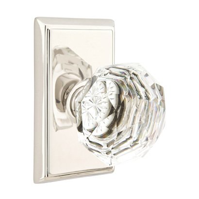 Diamond Passage Door Knob with Rectangular Rose and Concealed Screws in Polished Nickel