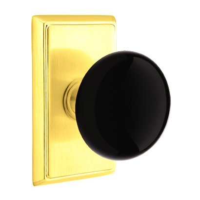 Passage Ebony Knob And Rectangular Rosette With Concealed Screws in Polished Brass