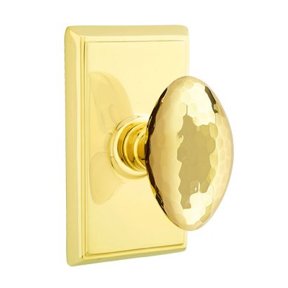 Passage Hammered Egg Door Knob with Rectangular Rose with Concealed Screws in Unlacquered Brass