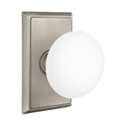 Passage Ice White Porcelain Knob With Rectangular Rosette in Pewter