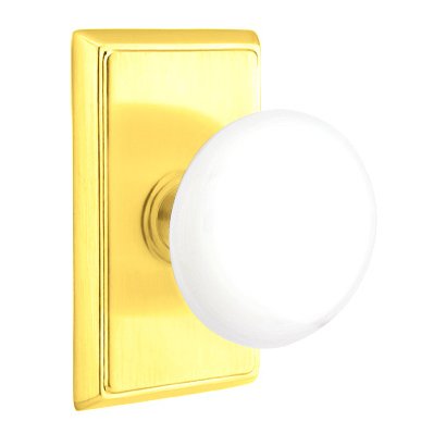 Passage Ice White Porcelain Knob With Rectangular Rosette in Polished Brass
