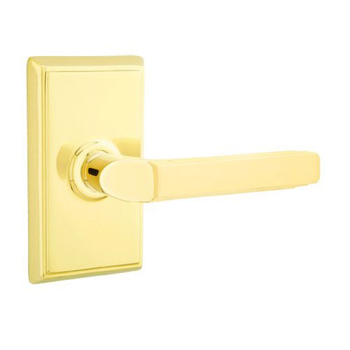 Passage Right Handed Milano Door Lever With Rectangular Rose in Unlacquered Brass