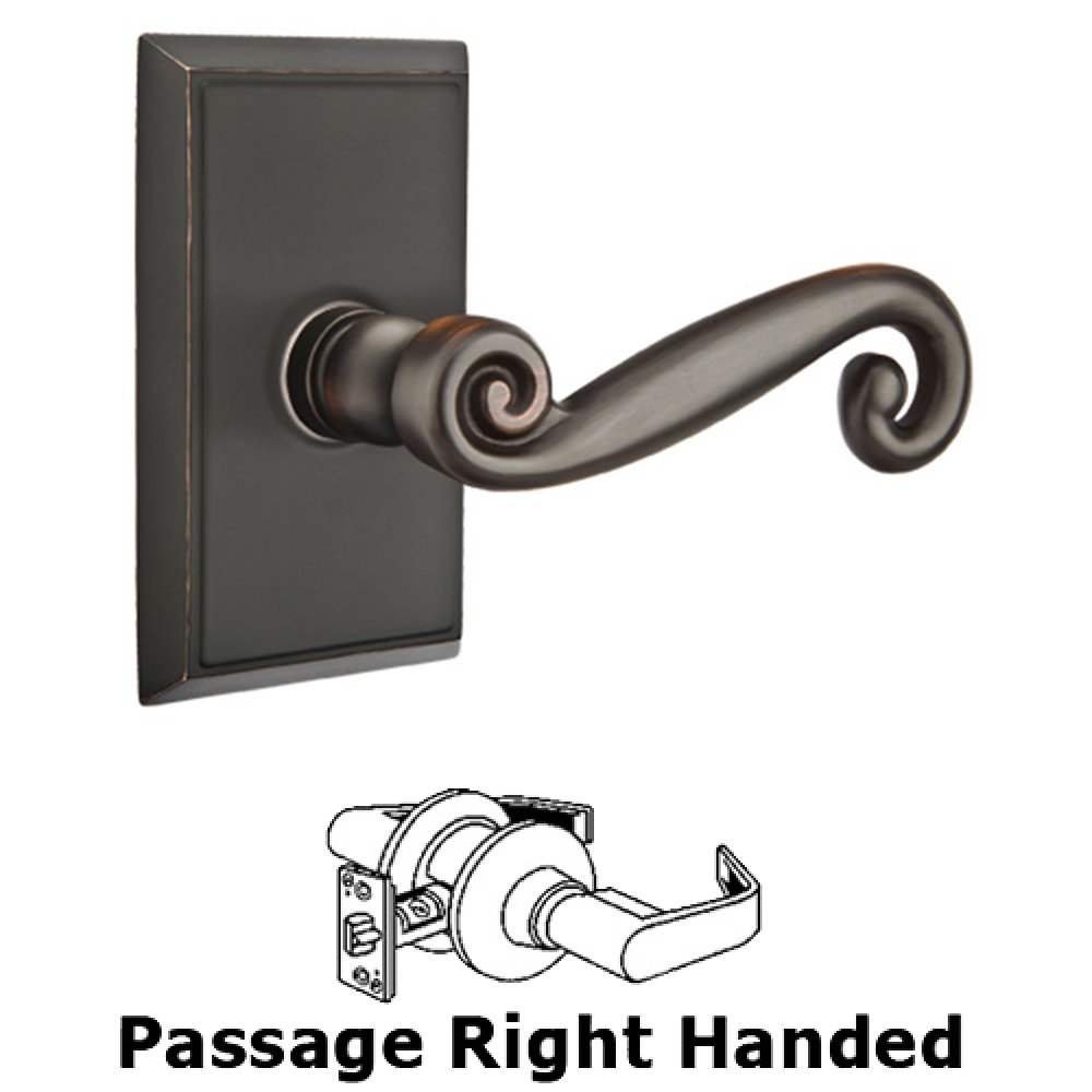 Passage Right Handed Rustic Door Lever With Rectangular Rose in Oil Rubbed Bronze