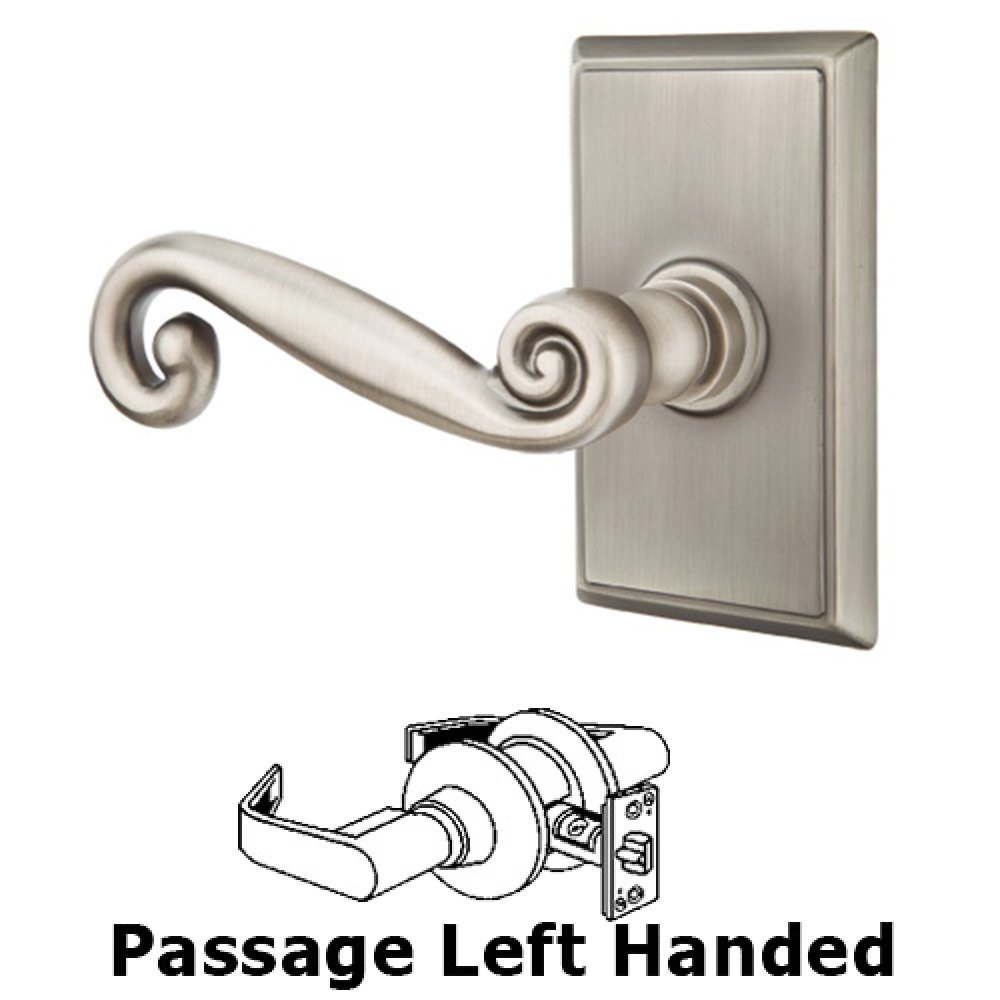 Passage Left Handed Rustic Door Lever With Rectangular Rose in Pewter