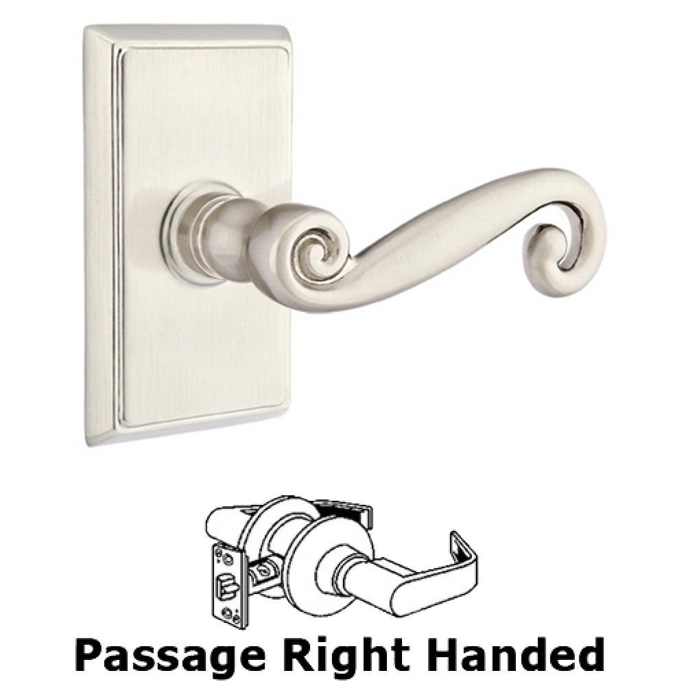 Passage Right Handed Rustic Door Lever With Rectangular Rose in Satin Nickel