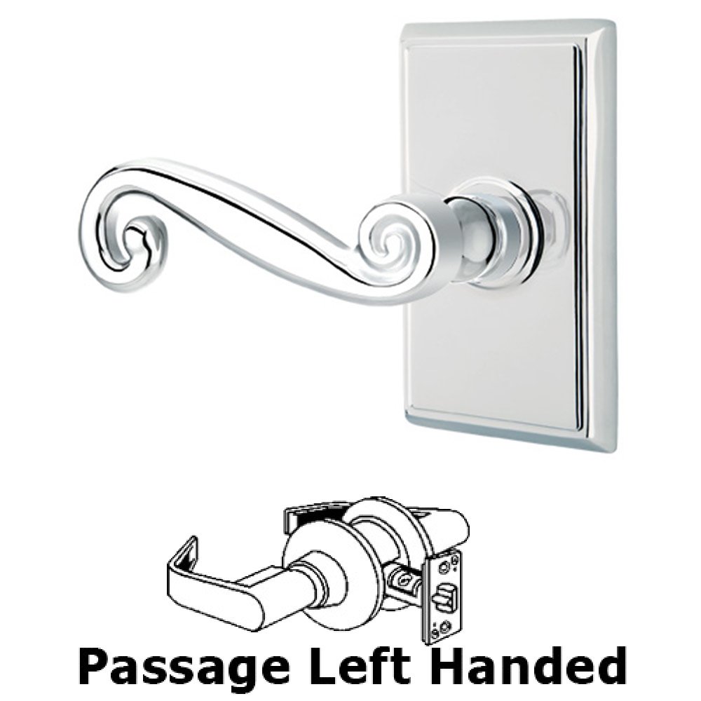 Passage Left Handed Rustic Door Lever With Rectangular Rose in Polished Chrome