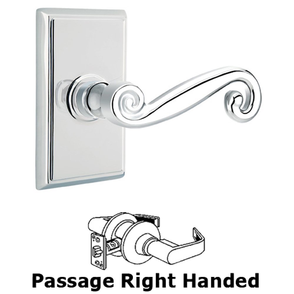 Passage Right Handed Rustic Door Lever With Rectangular Rose in Polished Chrome