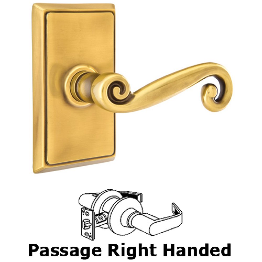 Passage Right Handed Rustic Door Lever With Rectangular Rose in French Antique Brass