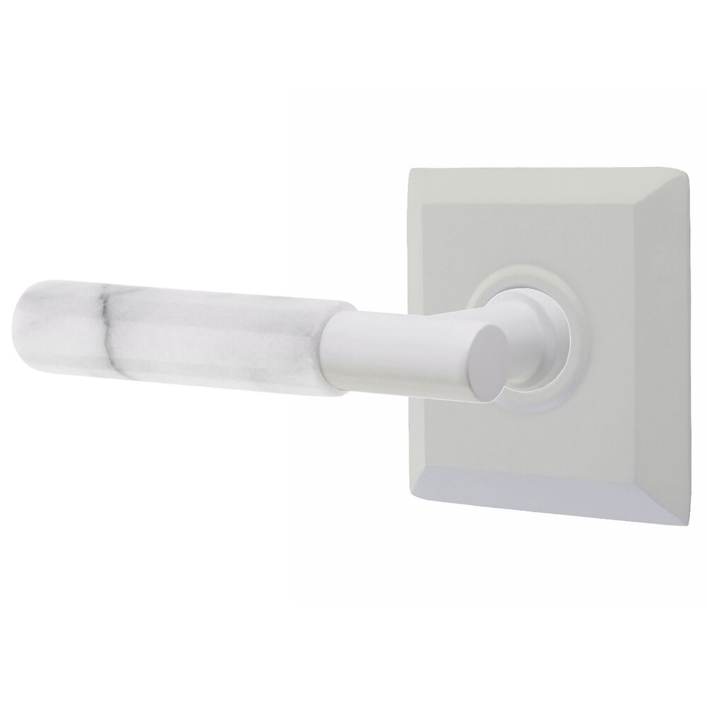 Passage White Marble Left Handed Lever With T-Bar Stem And Quincy Rose In Matte White