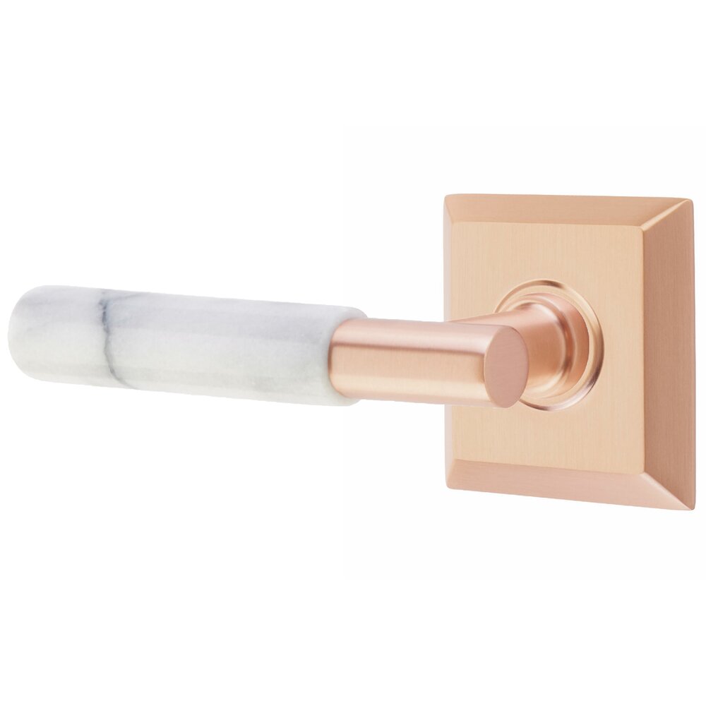 Passage White Marble Left Handed Lever With T-Bar Stem And Quincy Rose In Satin Rose Gold