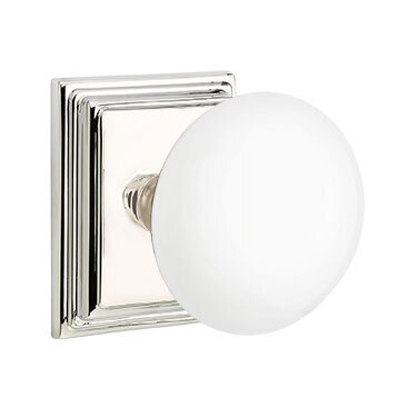 Passage Ice White Porcelain Knob With Wilshire Rosette in Polished Nickel