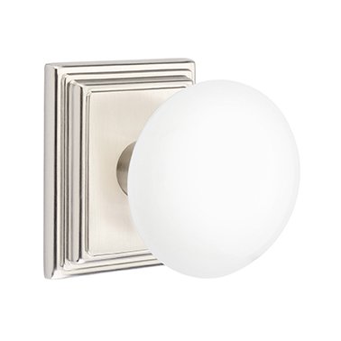 Passage Ice White Porcelain Knob With Wilshire Rosette in Satin Nickel