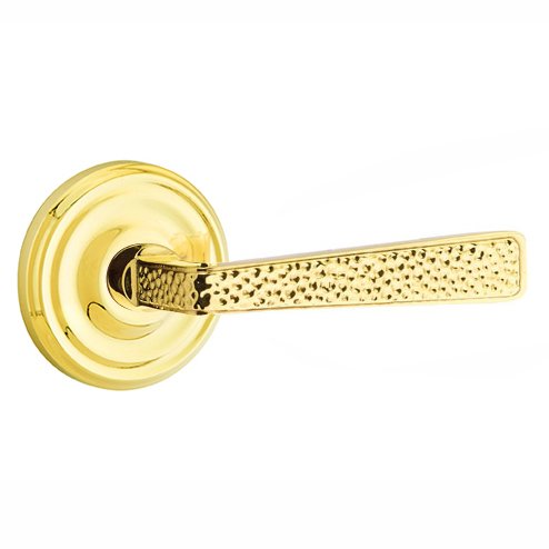 Privacy Hammered Door Lever with Regular Rose with Concealed Screws in Unlacquered Brass