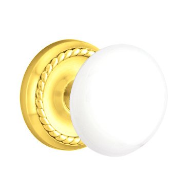 Privacy Ice White Porcelain Knob With Rope Rosette  in Polished Brass