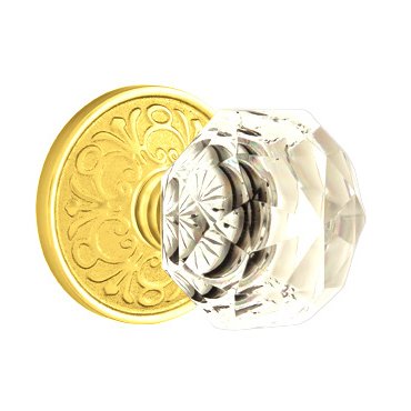 Diamond Privacy Door Knob with Lancaster Rose in Unlacquered Brass