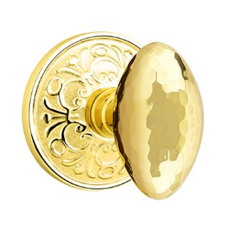 Privacy Hammered Egg Door Knob with Lancaster Rose in Unlacquered Brass