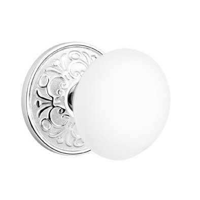 Privacy Ice White Porcelain Knob With Lancaster Rosette  in Polished Chrome