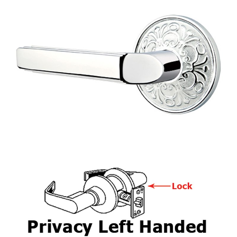 Privacy Left Handed Milano Door Lever With Lancaster Rose in Polished Chrome