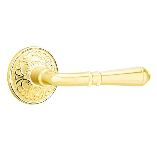Privacy Right Handed Turino Door Lever With Lancaster Rose in Unlacquered Brass