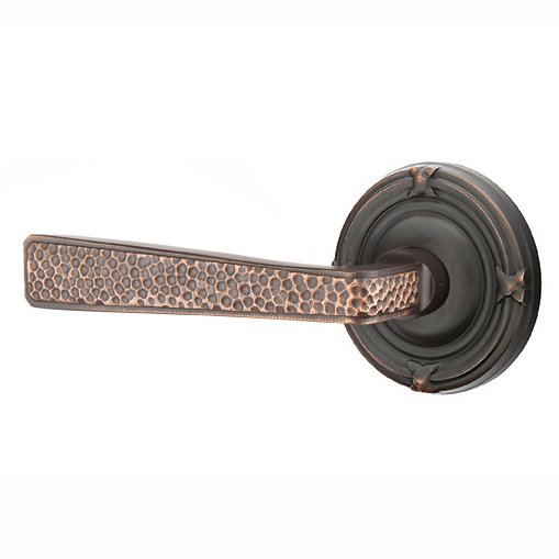 Left Handed Privacy Hammered Door Lever with Ribbon & Reed Rose in Oil Rubbed Bronze