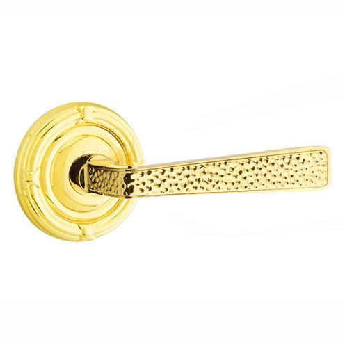 Privacy Hammered Door Lever with Ribbon & Reed Rose with Concealed Screws in Unlacquered Brass