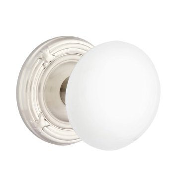 Privacy Ice White Porcelain Knob With Ribbon & Reed Rosette  in Satin Nickel