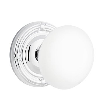 Privacy Ice White Porcelain Knob With Ribbon & Reed Rosette  in Polished Chrome
