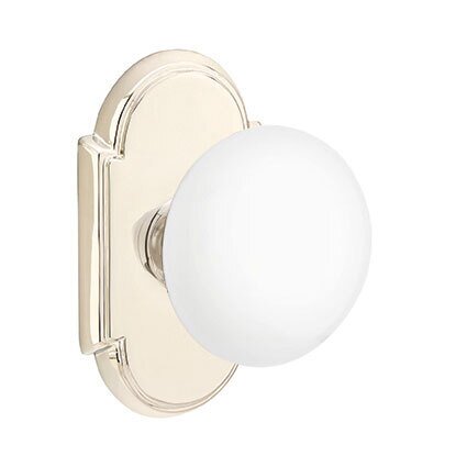Privacy Ice White Porcelain Knob With #8 Rosette in Polished Nickel