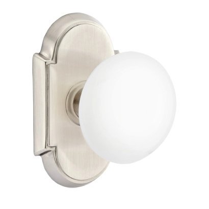 Privacy Ice White Porcelain Knob With #8 Rosette in Satin Nickel