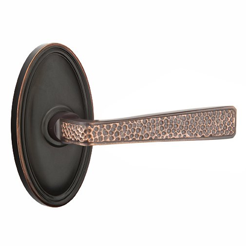 Right Handed Privacy Hammered Door Lever with Oval Rose in Oil Rubbed Bronze