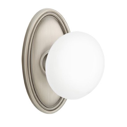 Privacy Ice White Porcelain Knob With Oval Rosette in Pewter