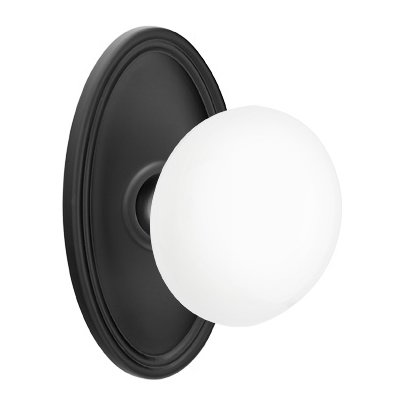 Privacy Ice White Porcelain Knob With Oval Rosette in Flat Black