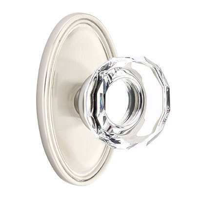 Lowell Privacy Door Knob with Oval Rose in Satin Nickel