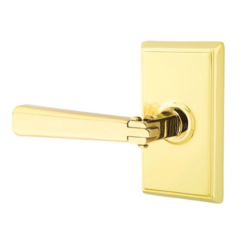 Left Handed Privacy Arts & Crafts Door Lever with Rectangular Rose in Unlacquered Brass